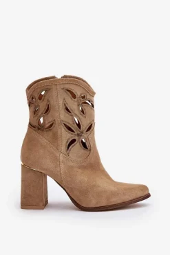 Zamszowe Ażurowe Botki Na Słupku Lewski 3629 Beżowe