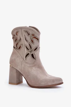 Zamszowe Ażurowe Botki Na Słupku Lewski 3629 Cappucino