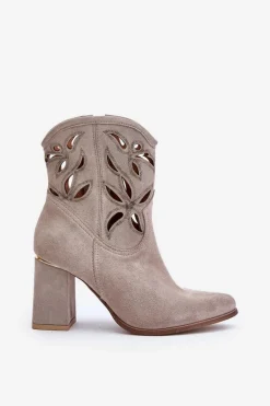 Zamszowe Ażurowe Botki Na Słupku Lewski 3629 Cappucino