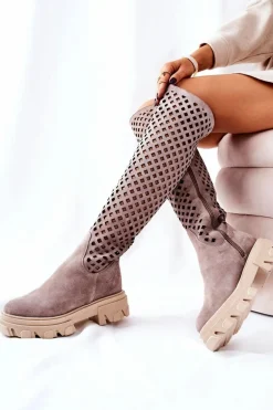 Zamszowe Ażurowe Kozaki Jasnobrązowe Kallede
