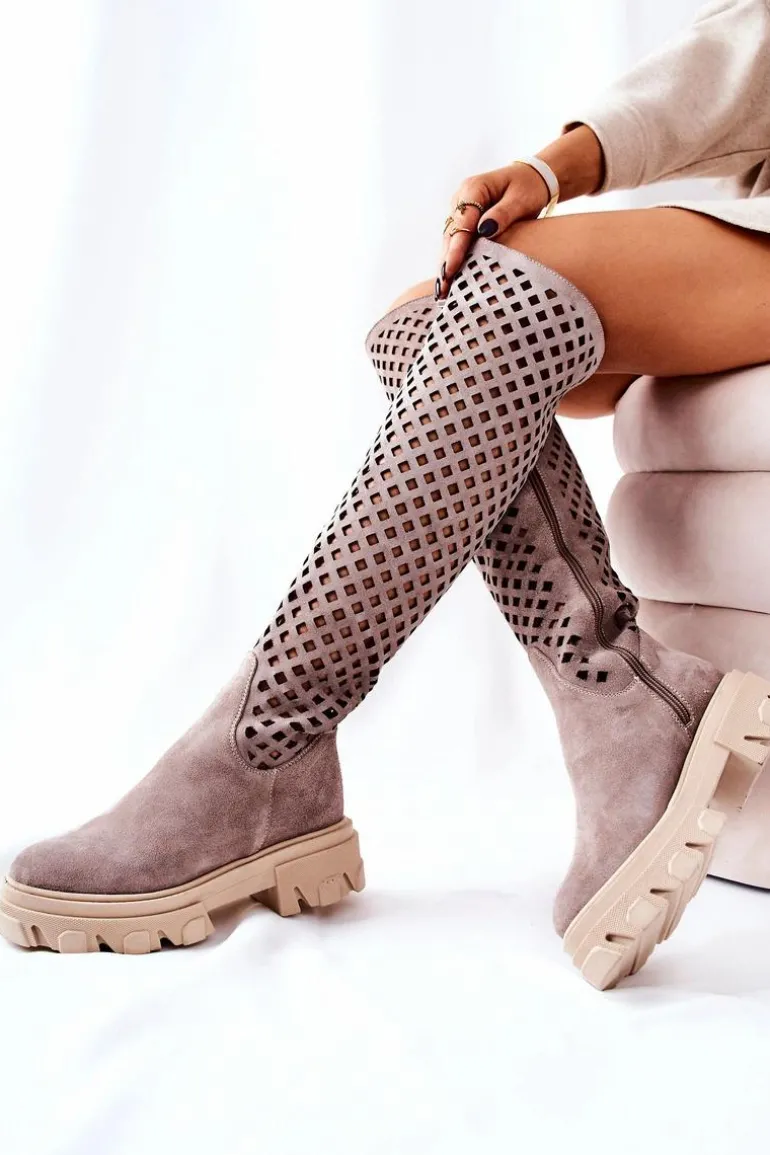 Zamszowe Ażurowe Kozaki Jasnobrązowe Kallede