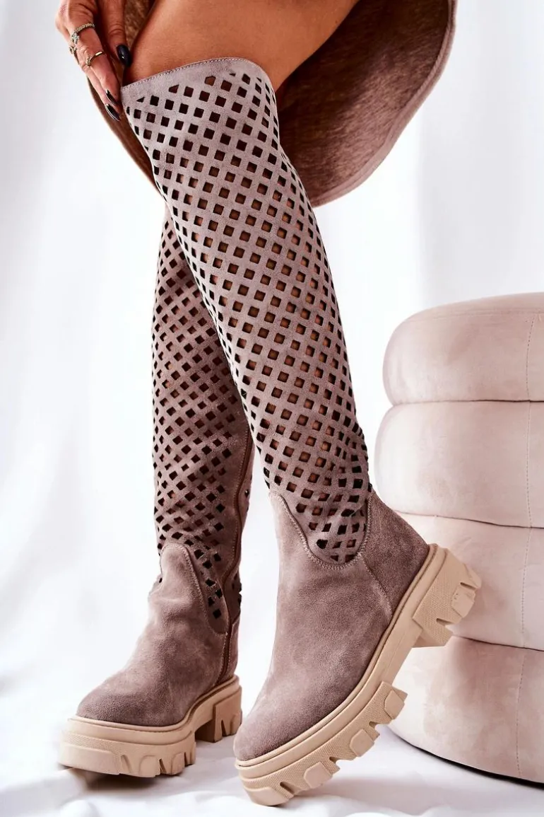 Zamszowe Ażurowe Kozaki Jasnobrązowe Kallede