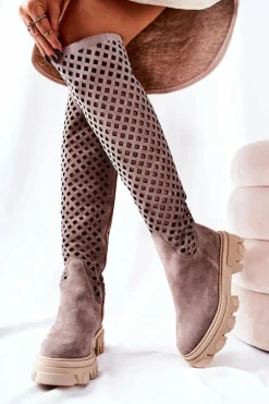Zamszowe Ażurowe Kozaki Jasnobrązowe Kallede