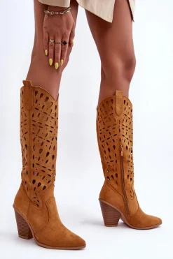 Zamszowe Ażurowe Kozaki Kowbojki Brązowe Nisu