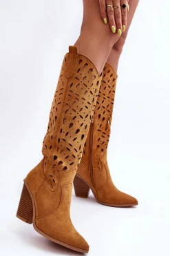 Zamszowe Ażurowe Kozaki Kowbojki Brązowe Nisu