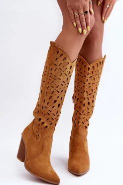 Zamszowe Ażurowe Kozaki Kowbojki Brązowe Nisu