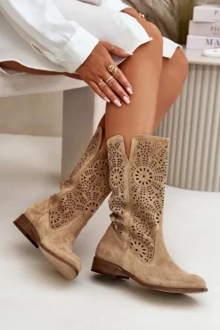 Zamszowe Ażurowe Kozaki Lewski 3366/2Beżowe