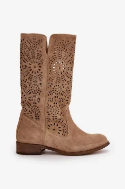 Zamszowe Ażurowe Kozaki Lewski 3366/2Beżowe