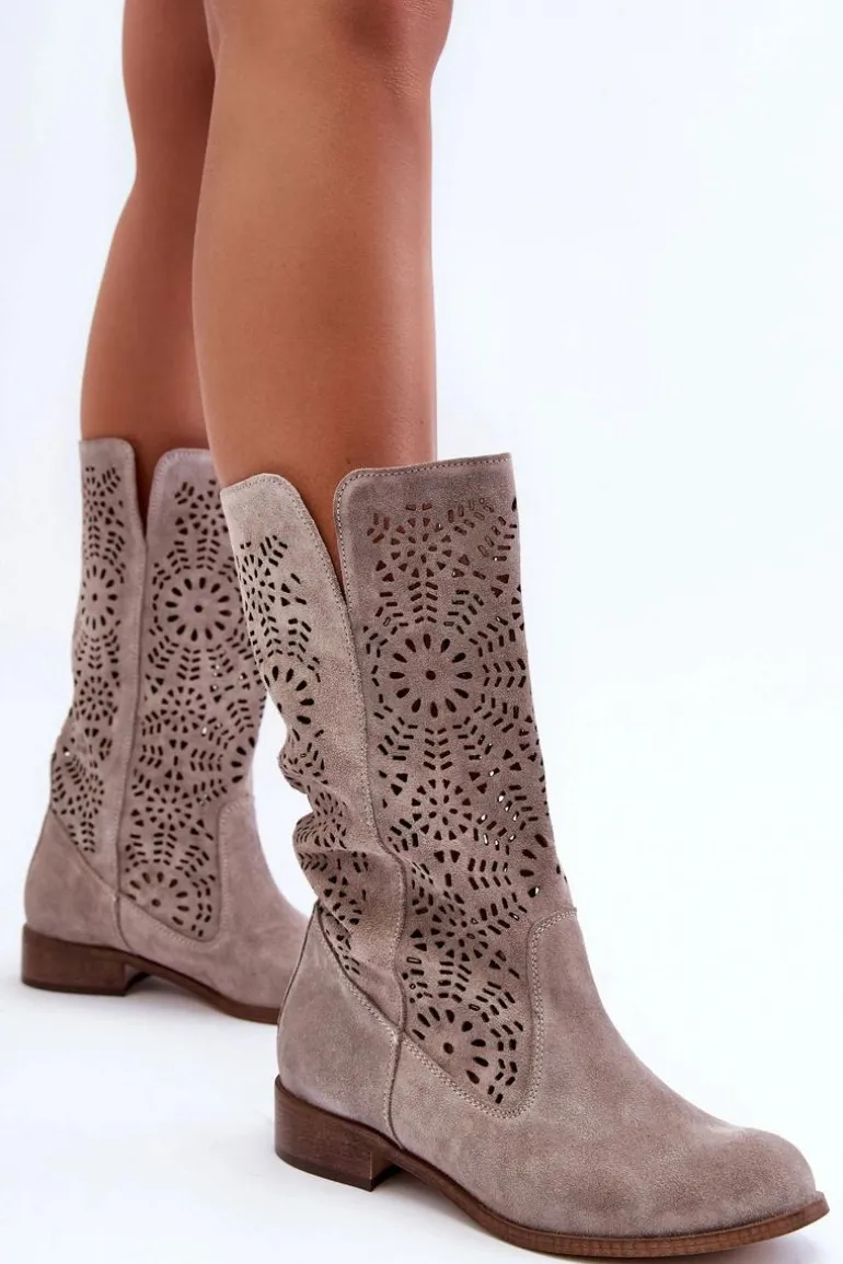 Zamszowe Ażurowe Kozaki Lewski 3366/2 Cappucino