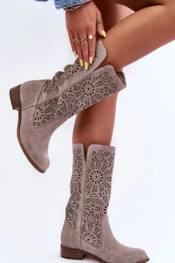 Zamszowe Ażurowe Kozaki Lewski 3366/2 Cappucino