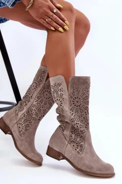 Zamszowe Ażurowe Kozaki Lewski 3366/2 Cappucino