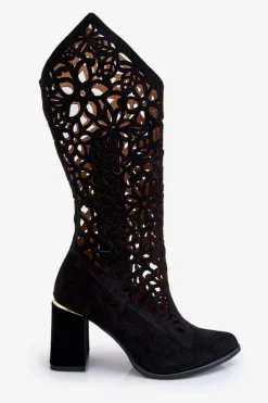 Zamszowe Ażurowe Kozaki Lewski Shoes 3234 Czarne