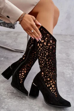 Zamszowe Ażurowe Kozaki Lewski Shoes 3234 Czarne