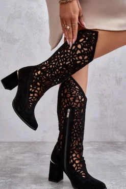 Zamszowe Ażurowe Kozaki Lewski Shoes 3234 Czarne