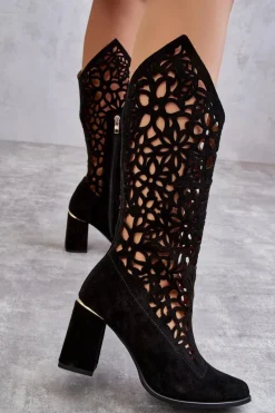 Zamszowe Ażurowe Kozaki Lewski Shoes 3234 Czarne