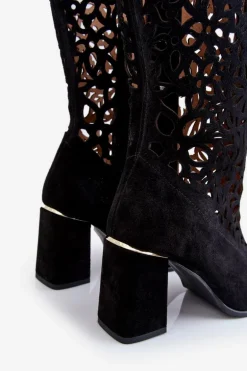 Zamszowe Ażurowe Kozaki Lewski Shoes 3234 Czarne