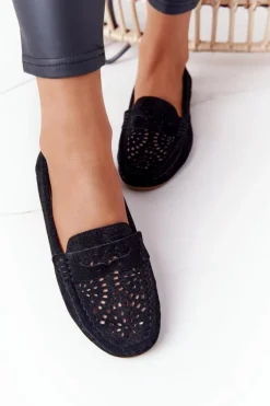 Zamszowe Ażurowe Mokasyny Damskie S.Barski Czarne