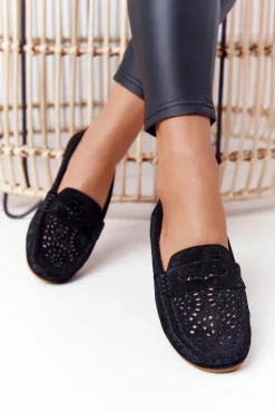 Zamszowe Ażurowe Mokasyny Damskie S.Barski Czarne