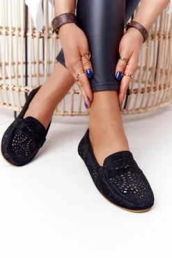 Zamszowe Ażurowe Mokasyny Damskie S.Barski Czarne