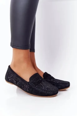 Zamszowe Ażurowe Mokasyny Damskie S.Barski Czarne