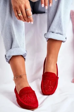 Zamszowe Ażurowe Mokasyny Damskie S.Barski Czerwone