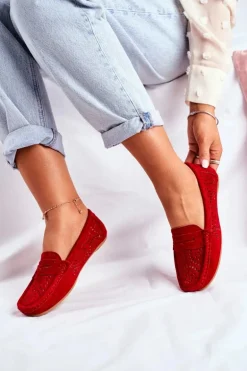 Zamszowe Ażurowe Mokasyny Damskie S.Barski Czerwone