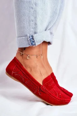 Zamszowe Ażurowe Mokasyny Damskie S.Barski Czerwone