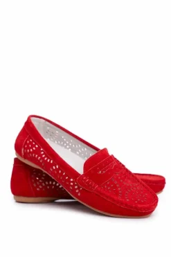 Zamszowe Ażurowe Mokasyny Damskie S.Barski Czerwone