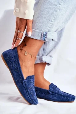 Zamszowe Ażurowe Mokasyny Damskie S.Barski Granatowe