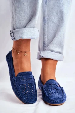 Zamszowe Ażurowe Mokasyny Damskie S.Barski Granatowe