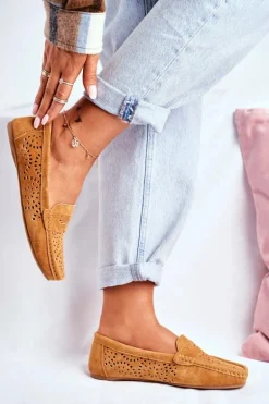 Zamszowe Ażurowe Mokasyny Damskie S.Barski Camel