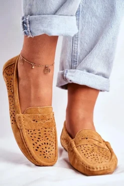 Zamszowe Ażurowe Mokasyny Damskie S.Barski Camel