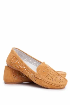 Zamszowe Ażurowe Mokasyny Damskie S.Barski Camel