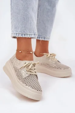 Zamszowe Ażurowe Półbuty Damskie Na Platformie Artiker 56C2108 Beżowo-Złote