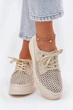 Zamszowe Ażurowe Półbuty Damskie Na Platformie Artiker 56C2108 Beżowo-Złote