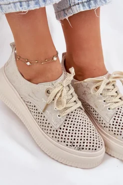 Zamszowe Ażurowe Półbuty Damskie Na Platformie Artiker 56C2108 Beżowo-Złote