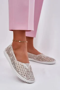 Zamszowe Ażurowe Półbuty Damskie Złoto-Szare Chulieta