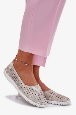 Zamszowe Ażurowe Półbuty Damskie Złoto-Szare Chulieta