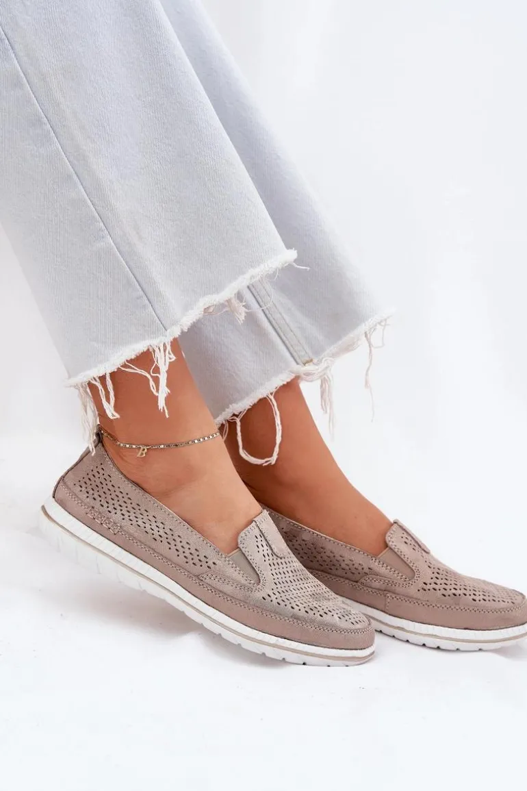 Zamszowe Ażurowe Półbuty Mokasyny Damskie Złote Redileine