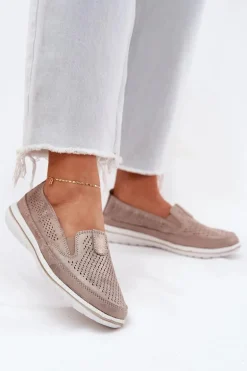 Zamszowe Ażurowe Półbuty Mokasyny Damskie Złote Redileine