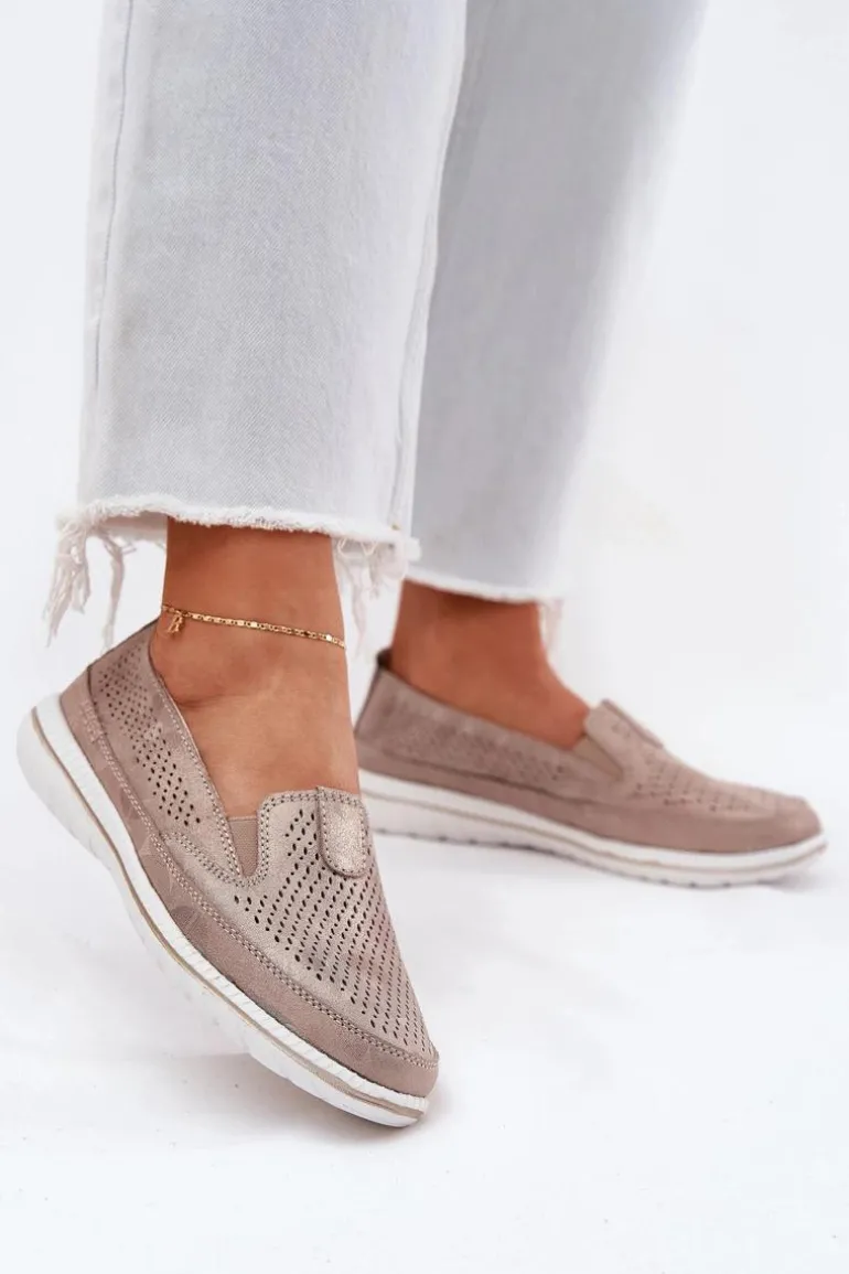 Zamszowe Ażurowe Półbuty Mokasyny Damskie Złote Redileine