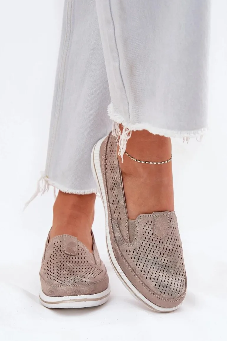 Zamszowe Ażurowe Półbuty Mokasyny Damskie Złote Redileine