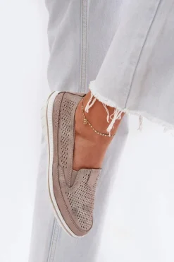 Zamszowe Ażurowe Półbuty Mokasyny Damskie Złote Redileine