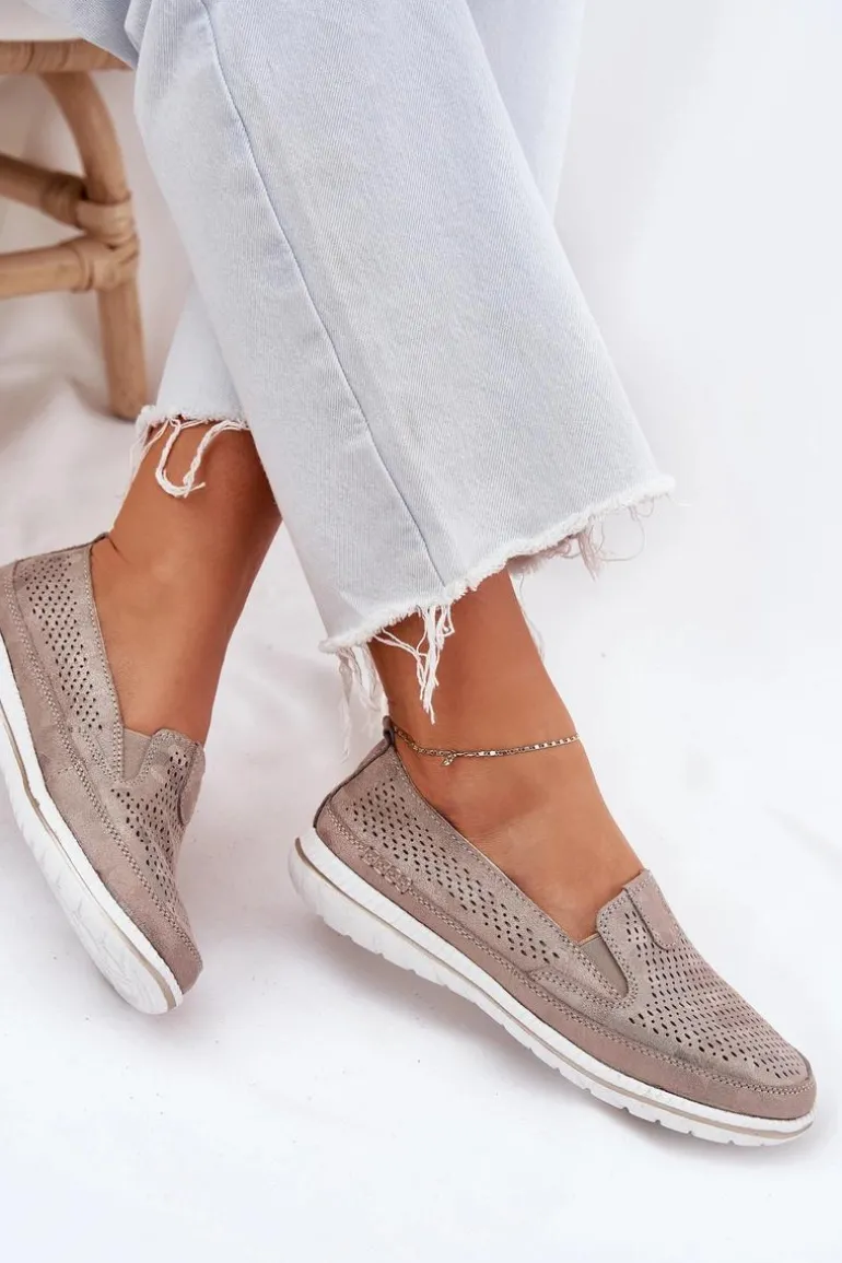 Zamszowe Ażurowe Półbuty Mokasyny Damskie Złote Redileine