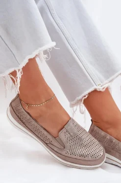 Zamszowe Ażurowe Półbuty Mokasyny Damskie Złote Redileine