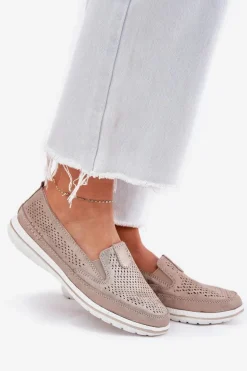 Zamszowe Ażurowe Półbuty Mokasyny Damskie Złote Redileine