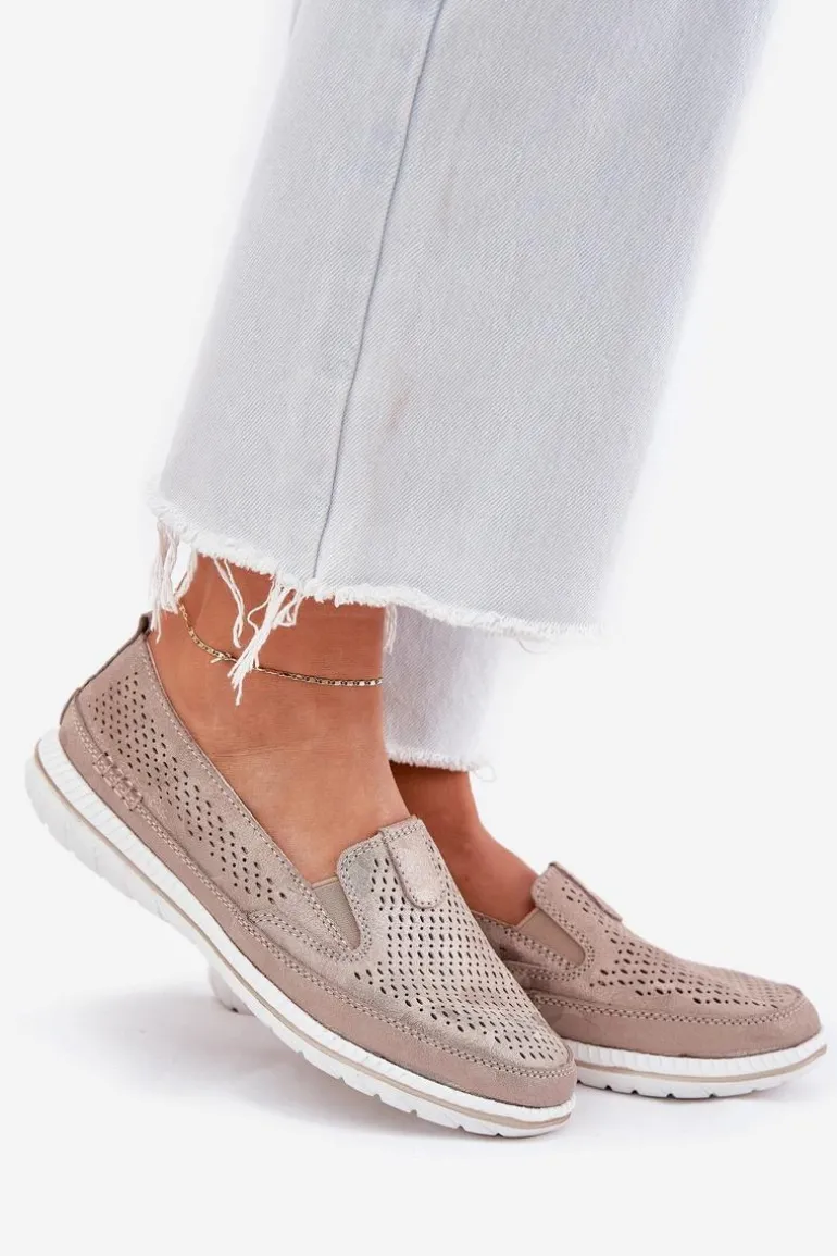 Zamszowe Ażurowe Półbuty Mokasyny Damskie Złote Redileine