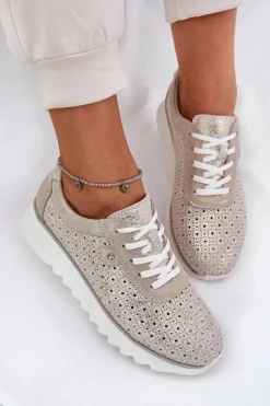 Zamszowe Ażurowe Sneakersy Na Platformie LR51-927 Złote