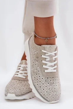Zamszowe Ażurowe Sneakersy Na Platformie LR51-927 Złote