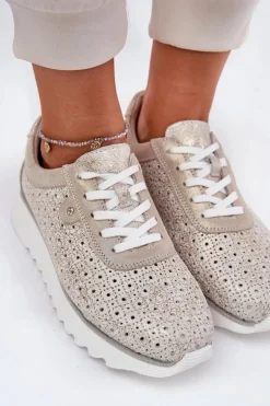 Zamszowe Ażurowe Sneakersy Na Platformie LR51-927 Złote